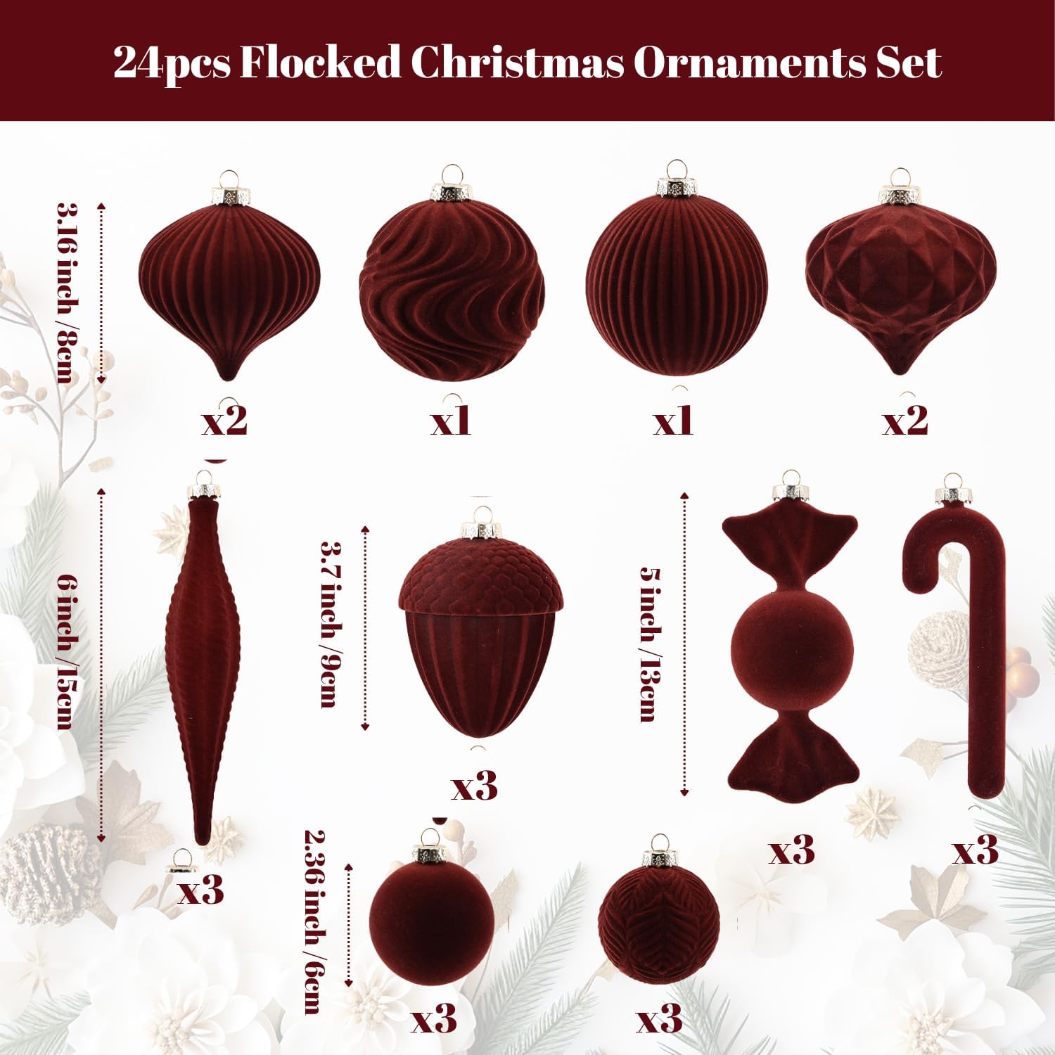 Velvet Ornaments for Christmas Tree Decorations - Brown Flocked Christmas Ornament Set for Winter Holiday Decor - Shatterproof Xmas Balls Ornaments Bulk - Pack of 24
